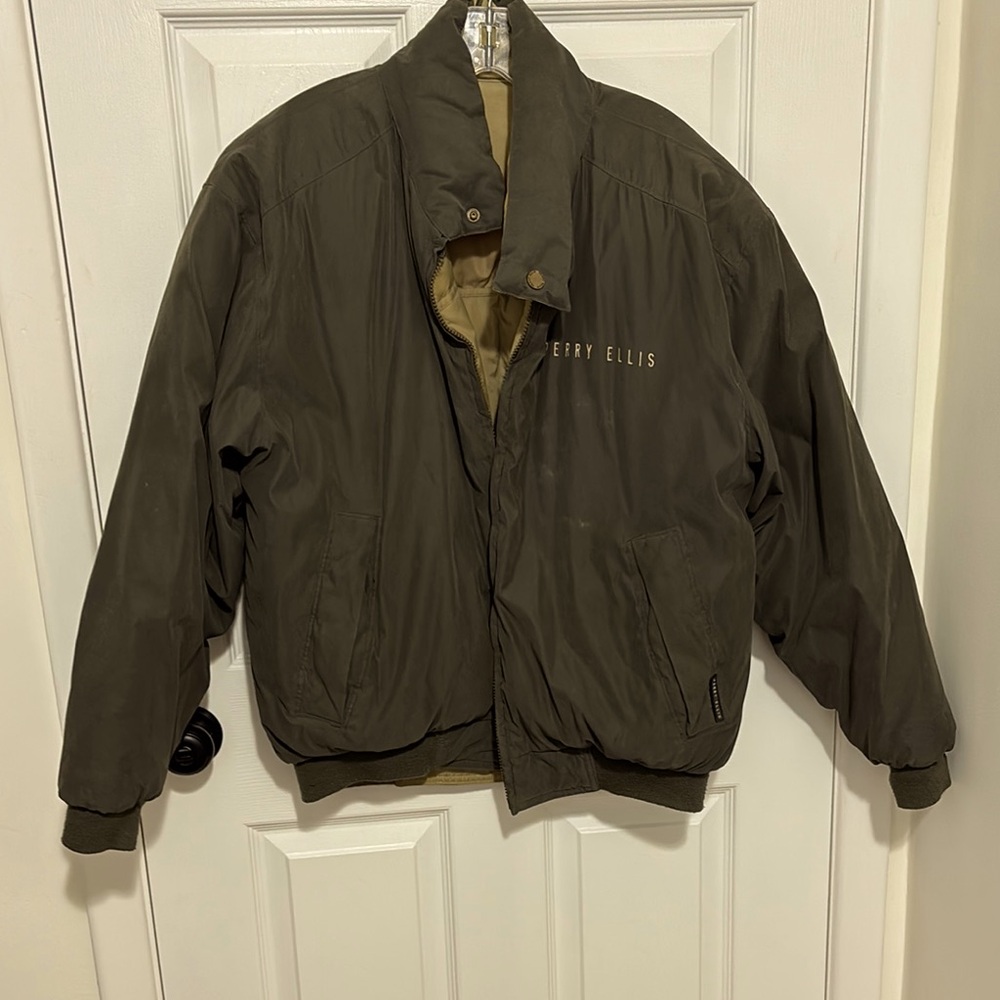 Perry Ellis Men's Reversible Puffer Olive / Mustard Jacket